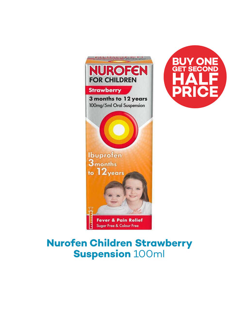 Nurofen for children strawberry suspension packaging with promotional text on a white background