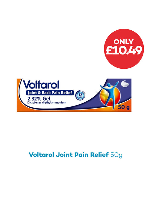 Voltarol joint pain relief gel packaging with price tag on a white background