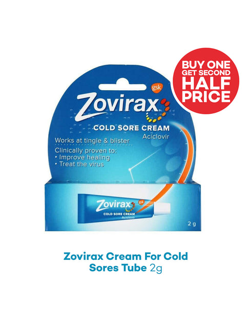Zovirax cold sore cream packaging with promotional text on a white background